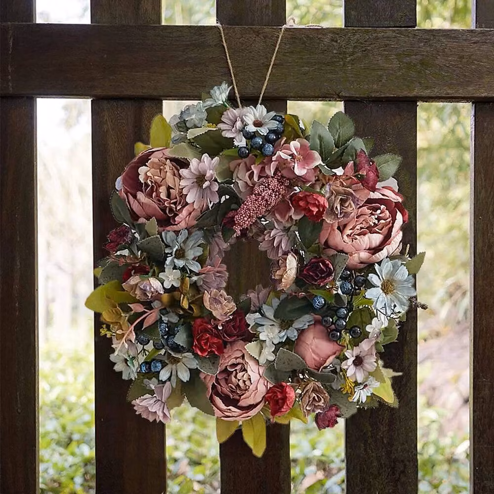 NESTLUNE Multicolour Artificial Peony Flower Wreath with Rattan and Textile Leaves, Diameter: 100 cm, Width: 15 cm – 4