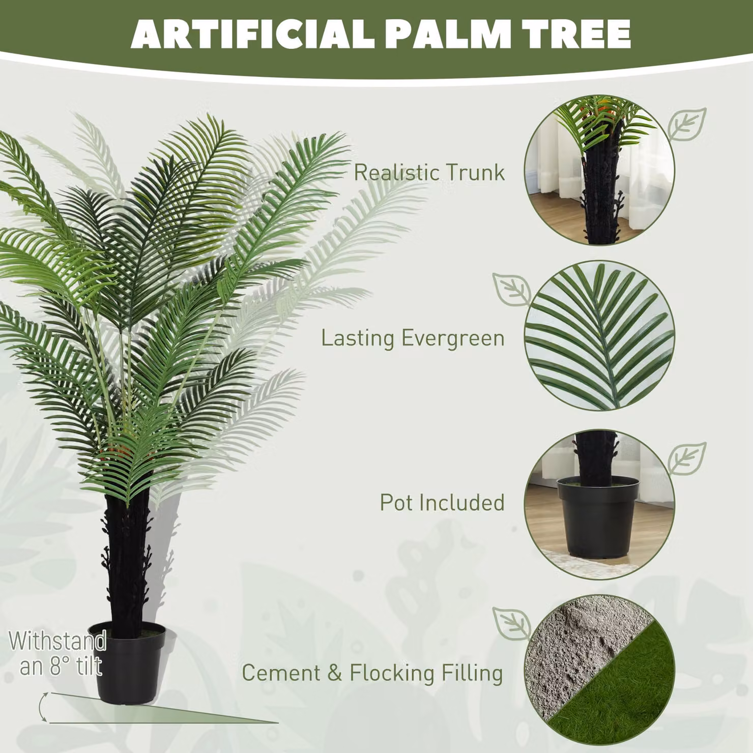 HOMCOM 175cm Artificial Areca Palm Tree in Green with Plastic Pot – 3