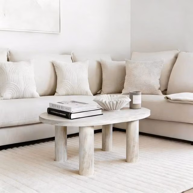 OHS Round Minimalist MDF Coffee Table in Beige Stone Finish