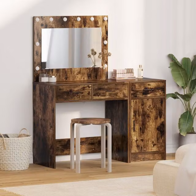 Berkfield Home 2 Piece Modern LED Dressing Table Set in Brown Smoked Oak Engineered Wood, W/D/H: 135 x 41 x 78.5 cm