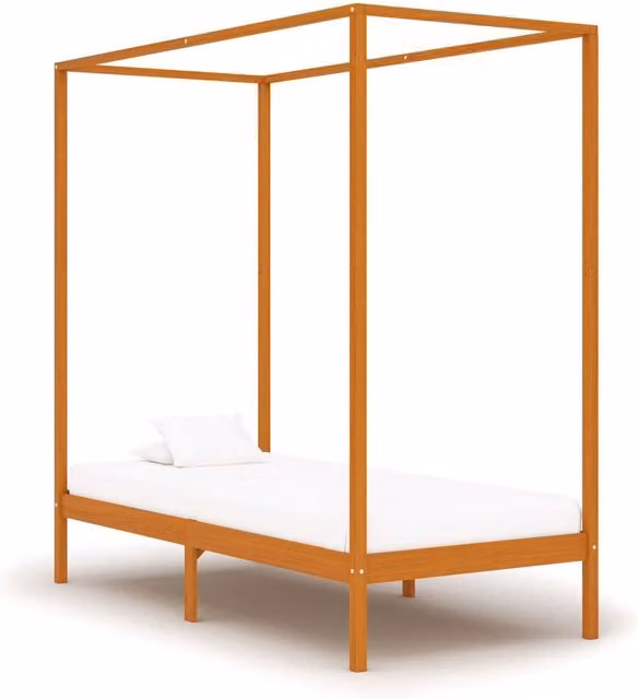 Berkfield Home Canopy Bed Frame in Brown Solid Pine Wood W: 90 cm, L: 200 cm