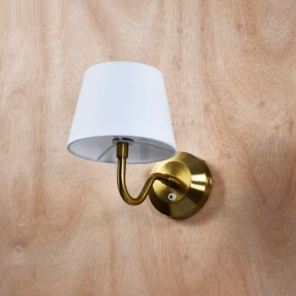 First Choice Lighting Hamilton Rechargeable LED Wall Light with White Fabric Shade in Gold/Brass – 2
