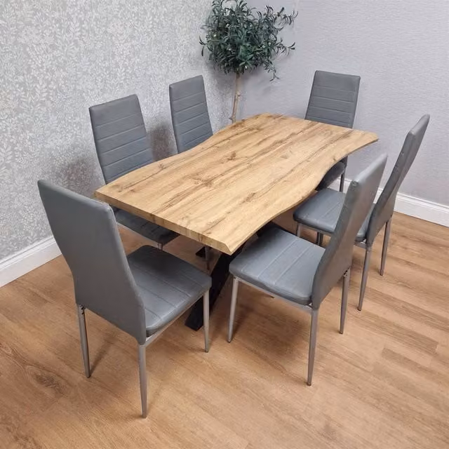KOSY KOALA Modern Dining Set with Rectangular Brown Wood Table and 6 Grey Faux Leather Chairs – 1