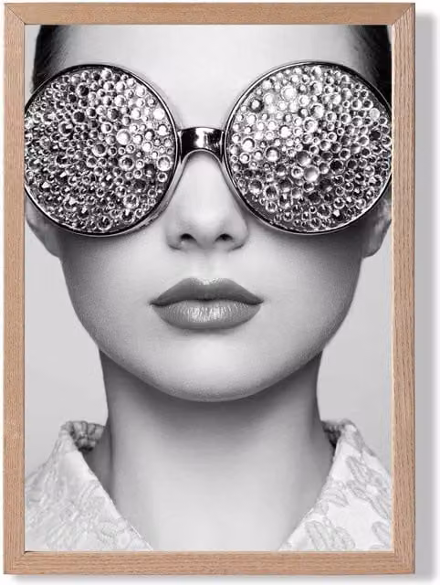 ARTZE Girl with Silver Bling Sunglasses Black and White Framed Photo Print with Oak Frame