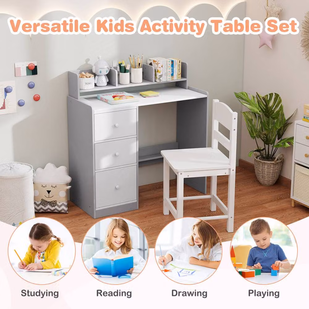 Costway Kids Study Desk and Chair Set with Wooden Hutch and Storage Shelf in Multicolour – 3