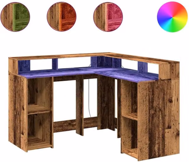 Berkfield Home Brown Industrial Corner Desk with LED Lights and Dual Pedestals, W/D/H: 130 x 130 x 91 cm – 1