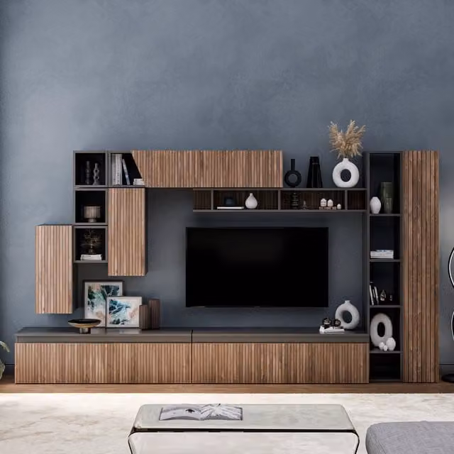 Decorotika Tokyo Wall Mounted Modern Entertainment Center in Black with Striped Pattern