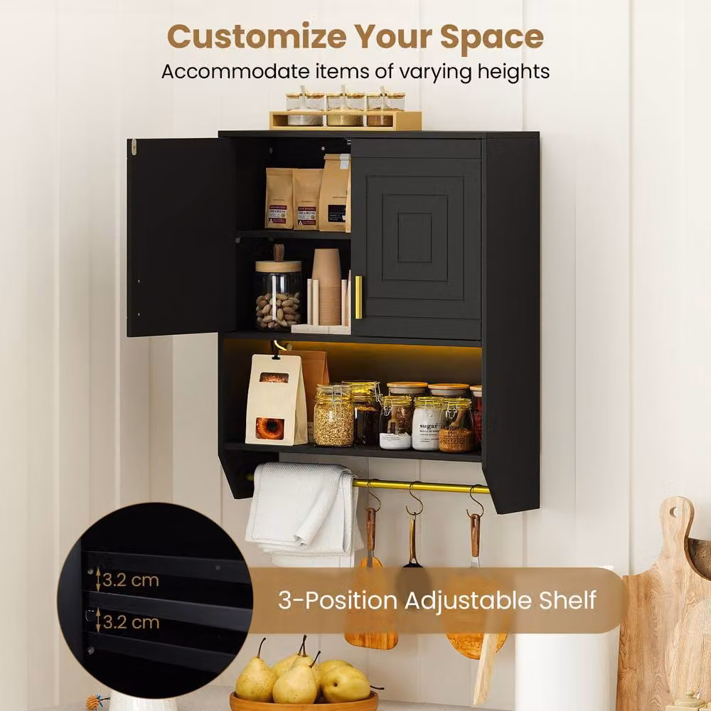 Costway Wall Mounted Black Bathroom Cabinet with Integrated Lighting and Internal Shelves – 5