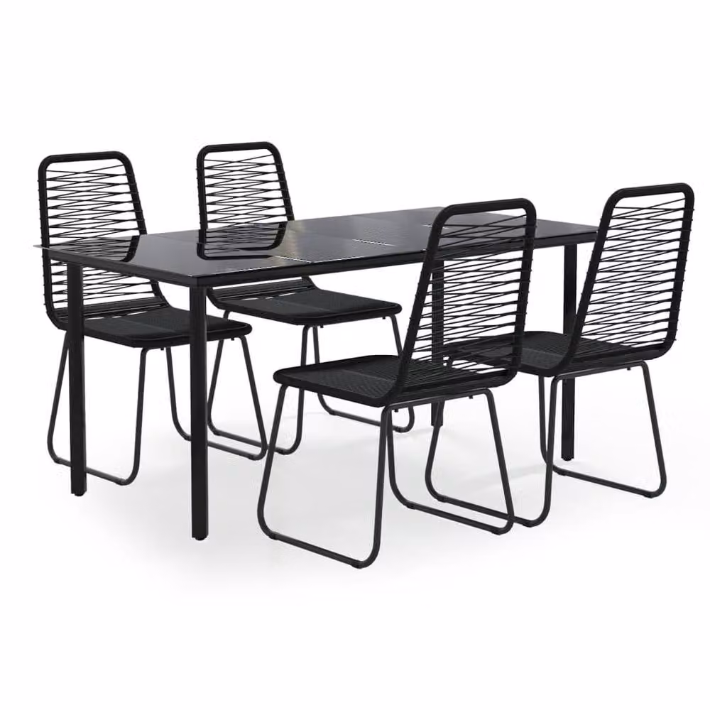 Berkfield Home 5 Piece Modern Garden Dining Set in Black Rattan and Metal with Glass Top – 2