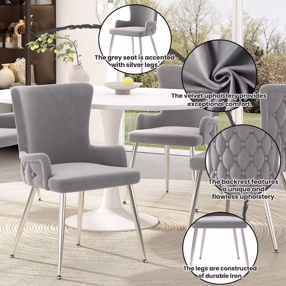 Rolipo Set of 4 Grey Velvet Dining Chairs with Silver Metal Legs – 3