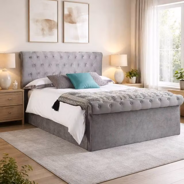 Aspire Mayfair Chesterfield Sleigh Ottoman Velvet Bed Frame in Grey, Size: Double (140 x 200 cm) – 1