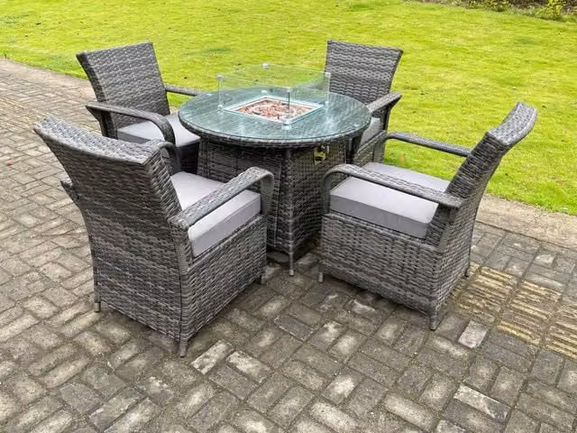 Fimous Rattan Garden Furniture Set with Gas Fire Pit Round Dining Table and 4 Chairs in Dark Grey