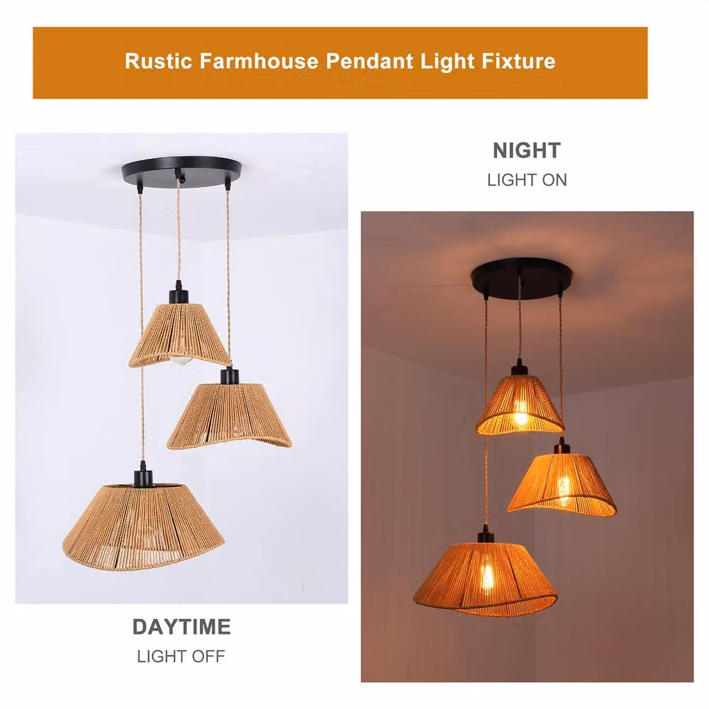 NIVOR Industrial 3 Light Rattan Farmhouse Boho Cluster Adjustable Pendant Light in Brown – 3