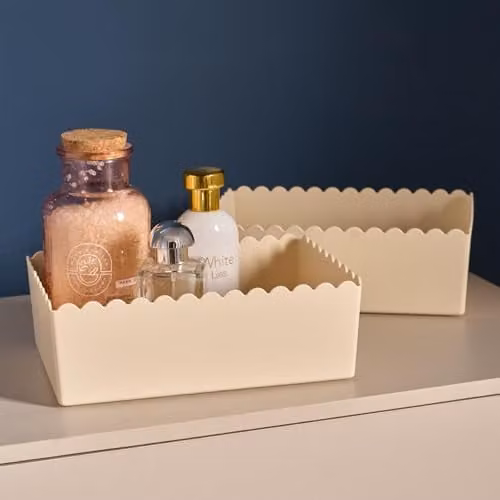 OHS 2 Pack Scallop Edge Plastic Storage Organiser Trays in Beige – 2