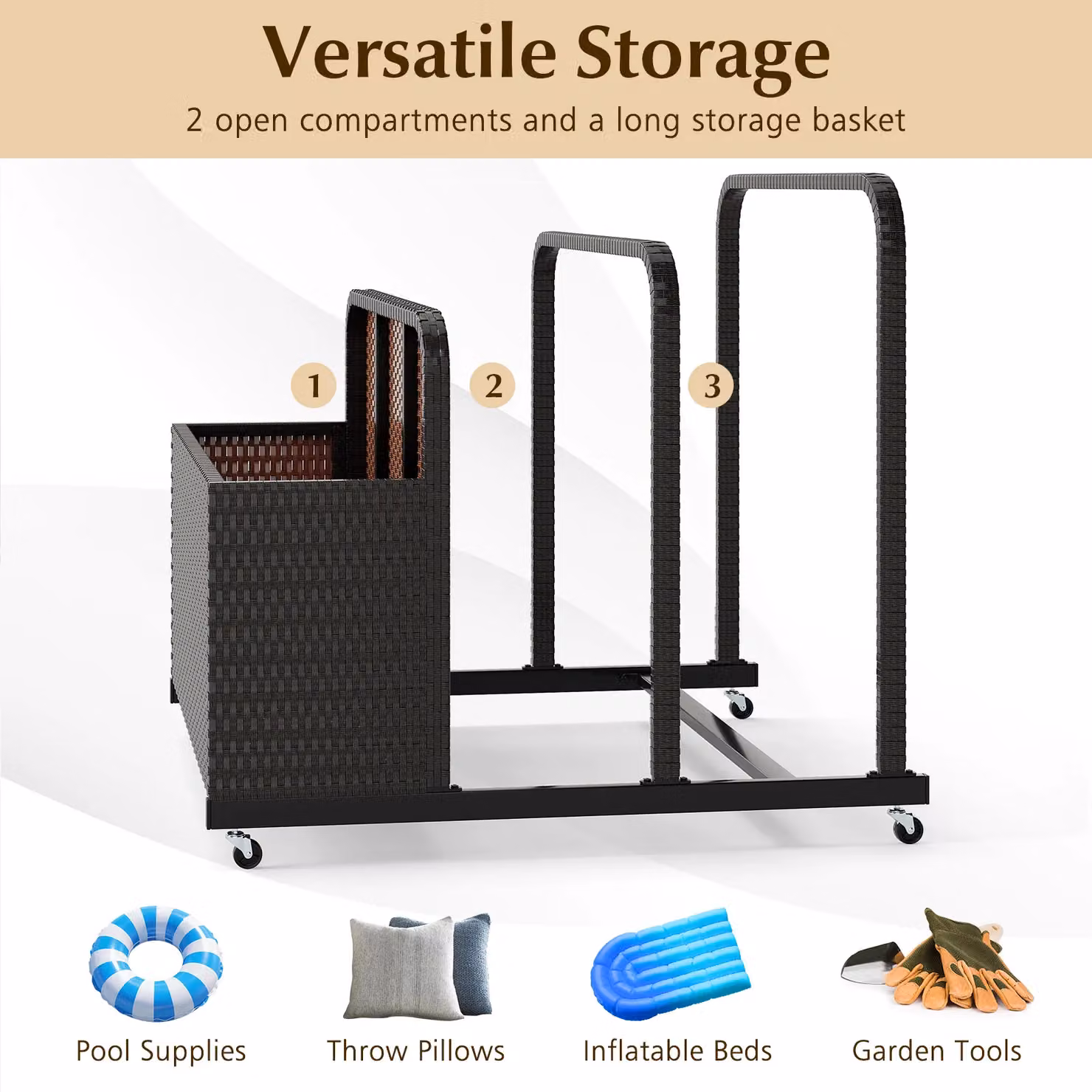 Costway Wicker Patio Pool Float Storage Organizer Caddy Basket in Brown – 3