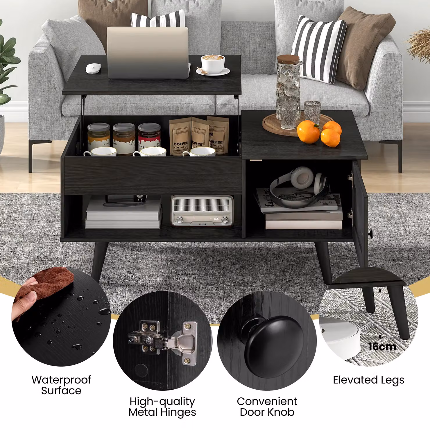 Costway Modern Lift Top Coffee Table with Storage in Black – 8