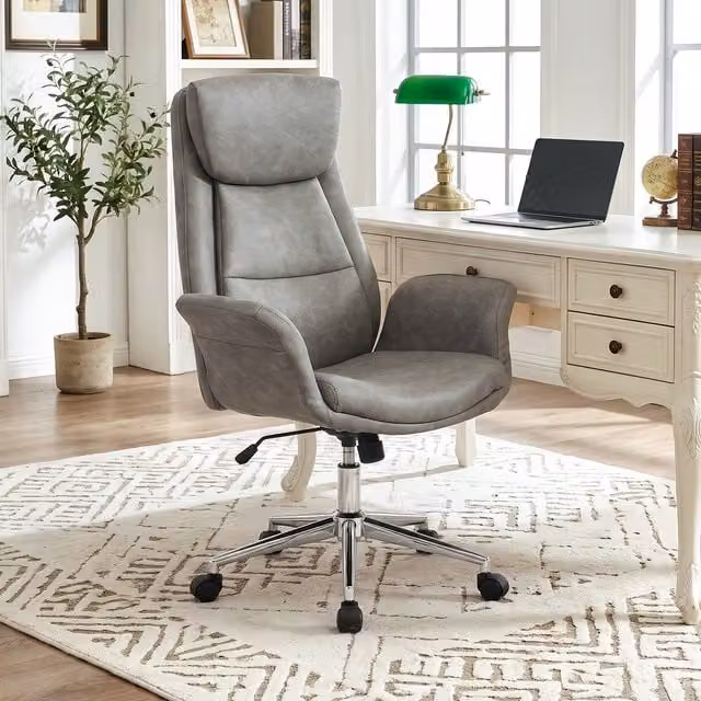Livingandhome Grey Mid-Century Executive Office Chair with Armrests and Synthetic Leather High Back