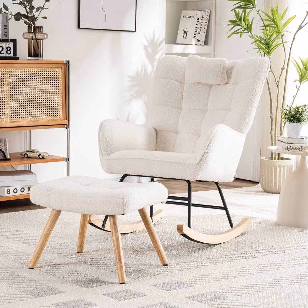Matteo White Fabric Rocking Chair with Ottoman and Neck Pillow – 2
