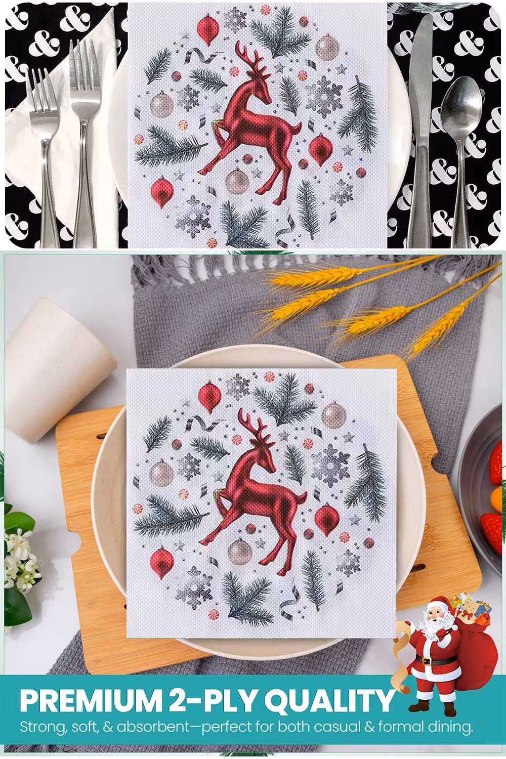 Neel Blue Red Reindeer and Pine Leaves White Paper Napkins, 20 Pieces, 33 cm – 2