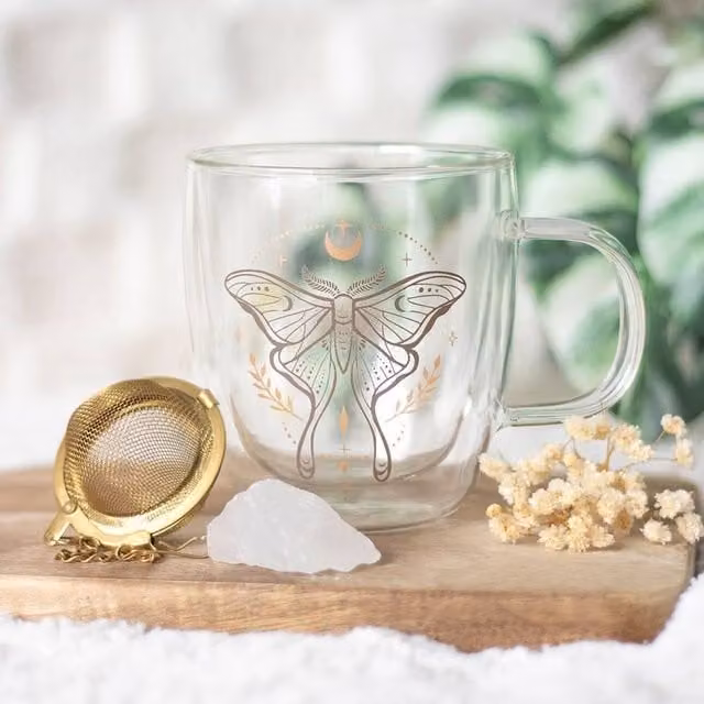 Uniqueful Luna Moth Double Walled Glass Mug with Crystal Tea Infuser in Transparent