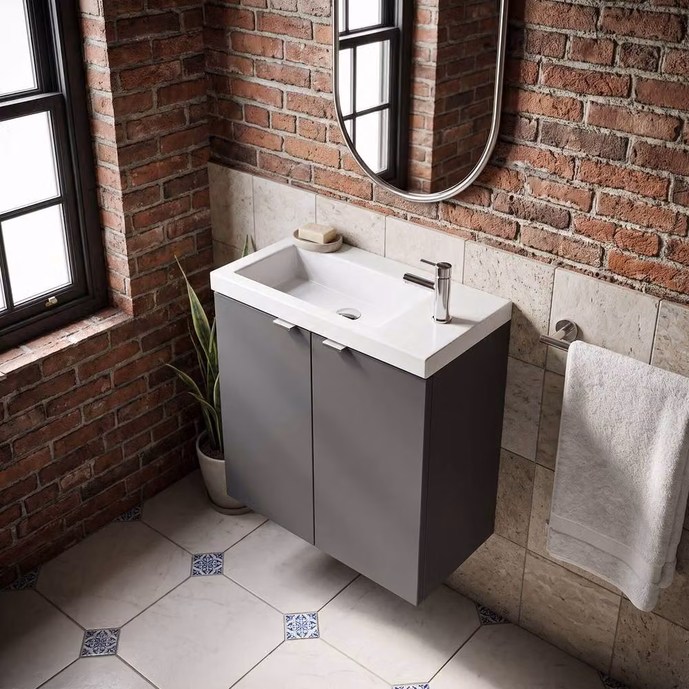 Balterley Alrewas 2 Door Wall Hung Gloss Grey Vanity Basin Unit, W: 50 cm, H: 57.9 cm, D: 50 cm – 2