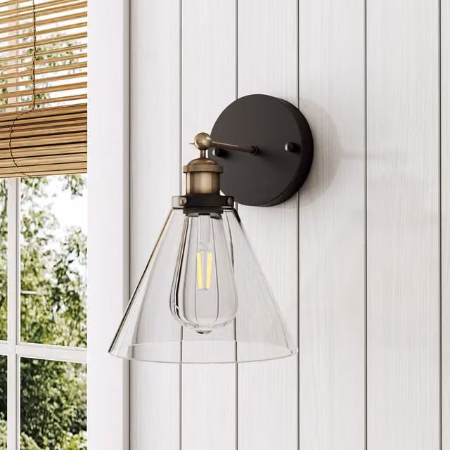 Livingandhome Industrial Wall Sconce with Transparent Cone Glass Shade in Brass