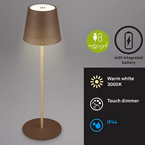 Briloner Rechargeable LED Table Lamp, Dimmable and Height Adjustable, Brown and Gold/Brass – 2