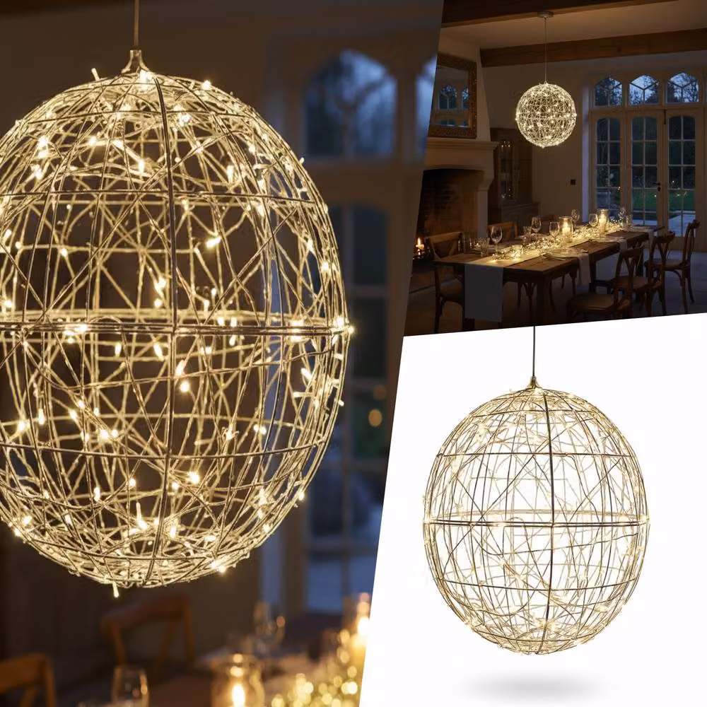 Pegdev Silver Christmas Hanging Ball with 160 Warm White LED Lights, Diameter: 30 cm – 3
