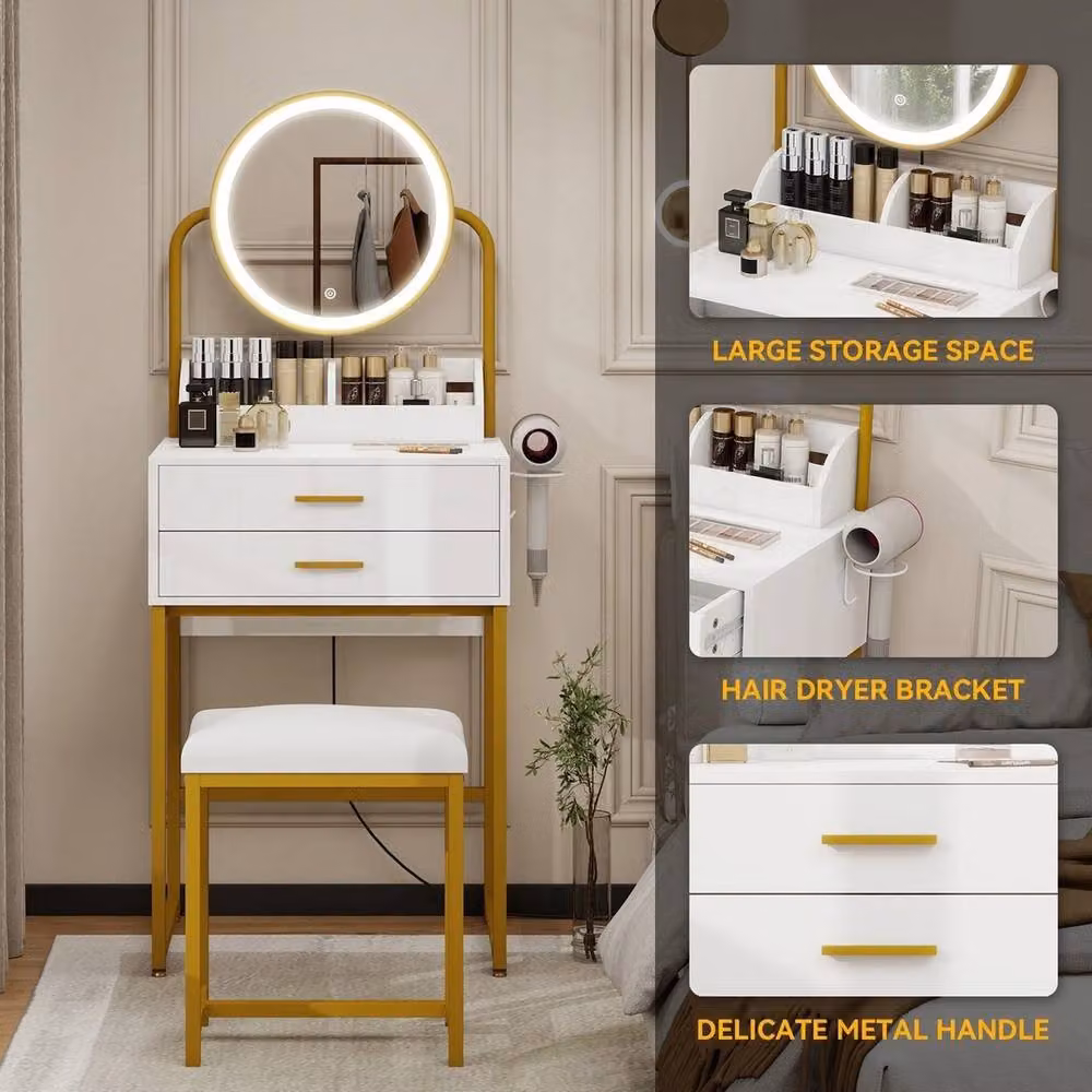 Kelvenix Modern White and Gold Vanity Dressing Table with LED Hollywood Mirror and Stool – 3