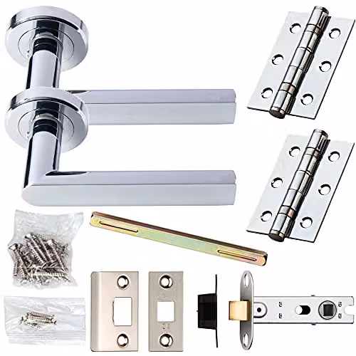 Loops Chrome Modern Flat Square Bar Door Handle and Latch Pack with Screwless Round Rose