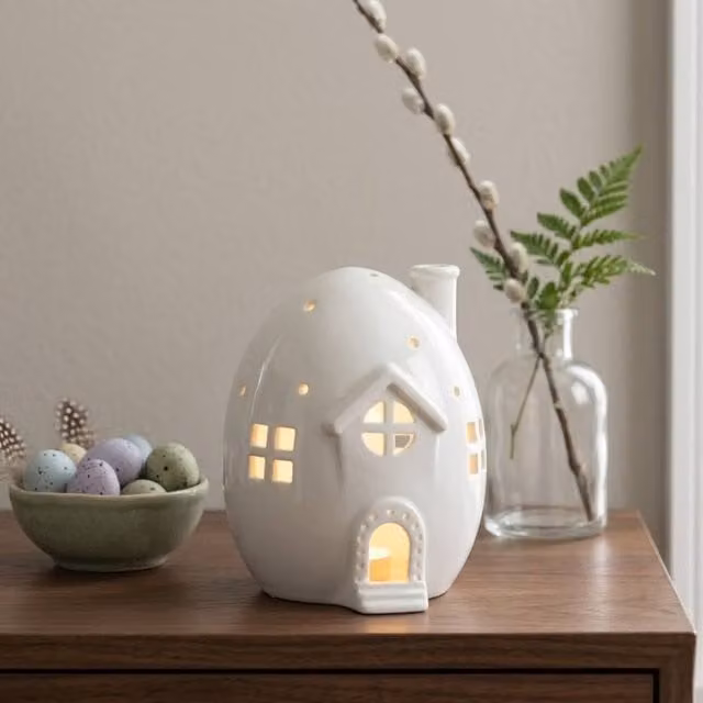 Garden Greatness Springtime Egg House Ceramic Tealight Holder in White