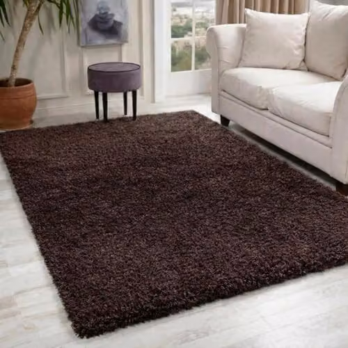 Serdim Brown Plain Shaggy Living Room Area Rug, W: 60 cm, L: 110 cm