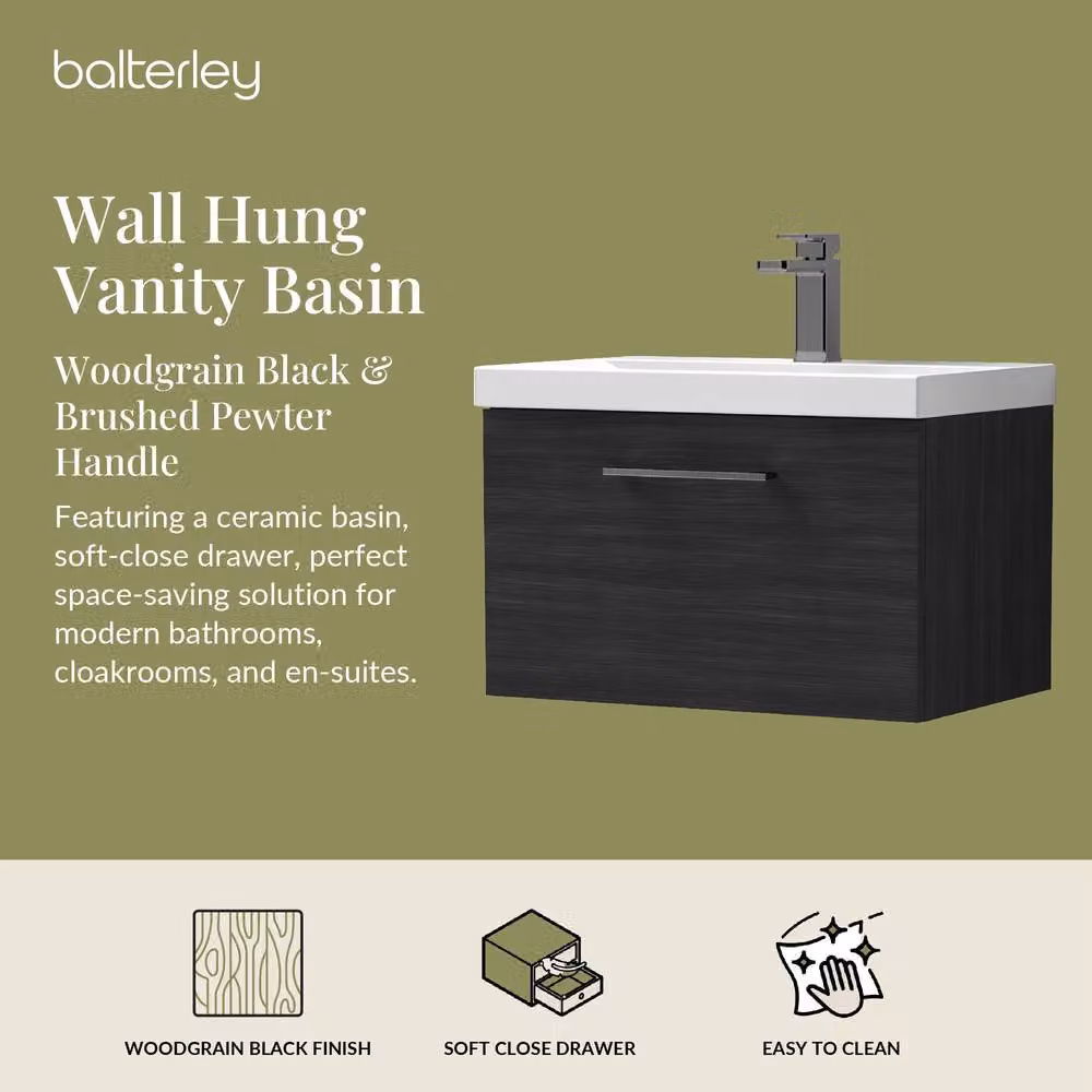 Balterley 600mm Wall Hung 1 Drawer Vanity Unit in Woodgrain Black with Pewter Handle – 2