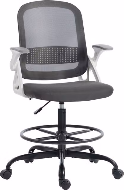 HOMCOM Grey Mesh Drafting Chair with Flip-up Armrests and Foot Ring – 1