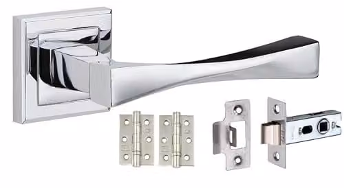Golden Grace Astrid Door Handle Set in Polished Gold with Rosette, Latch and Hinges, 45mm – 1