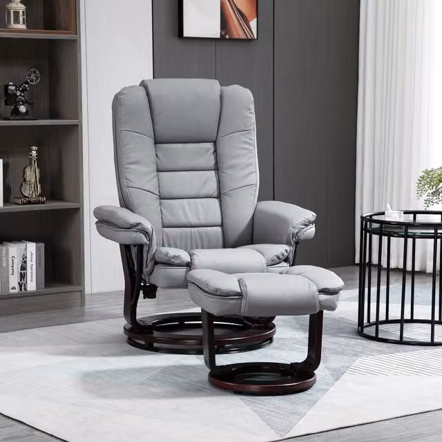 HOMCOM Swivel Manual Recliner and Footrest Set in Grey Synthetic Leather