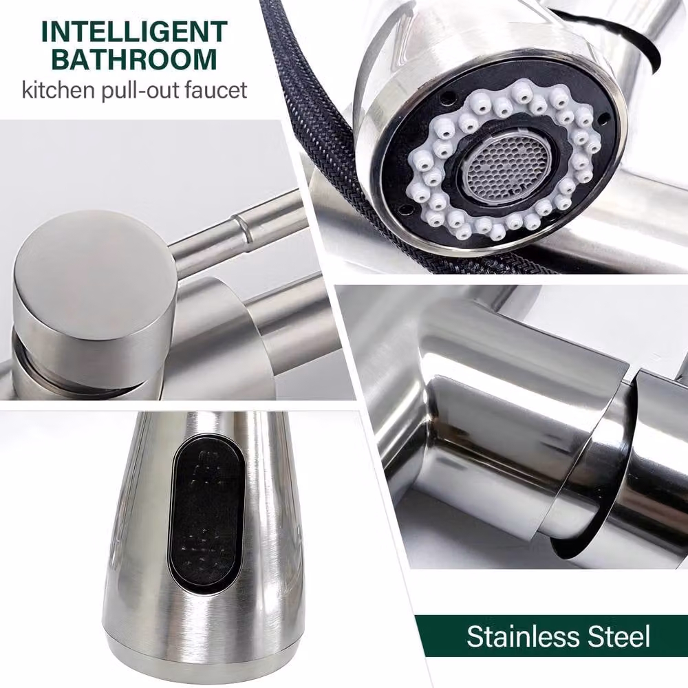 INMTFEI Stainless Steel Kitchen Mixer Tap with Dual Spray and Pull-Out Spout in Brushed Nickel Silver – 4