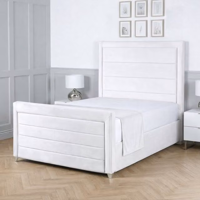 Living Comfort Bedz Selena Plush Velvet Upholstered Single Bed with Slatted Base and 48 Inch Headboard in White, W/D/H: 90 x 200 cm