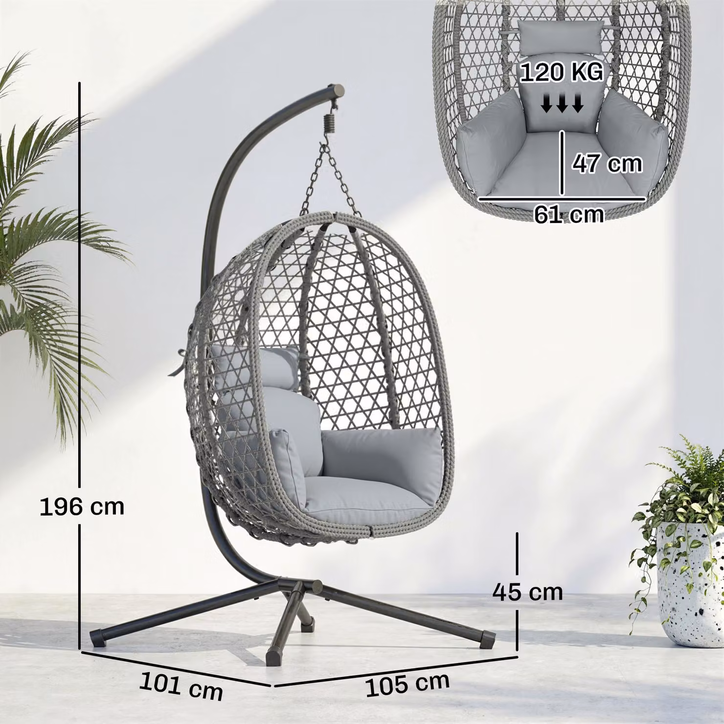 Outsunny Dark Grey Rattan Hanging Egg Chair with Stand and Cushions – 3
