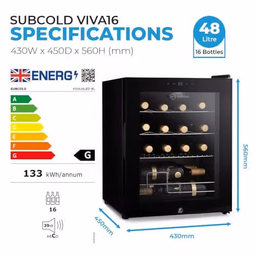 Subcold Viva16 LED Black Countertop Wine Fridge with Glass Door and Lock, 16 Bottle Capacity, W/D/H: 42 x 43 x 56.5 cm – 3