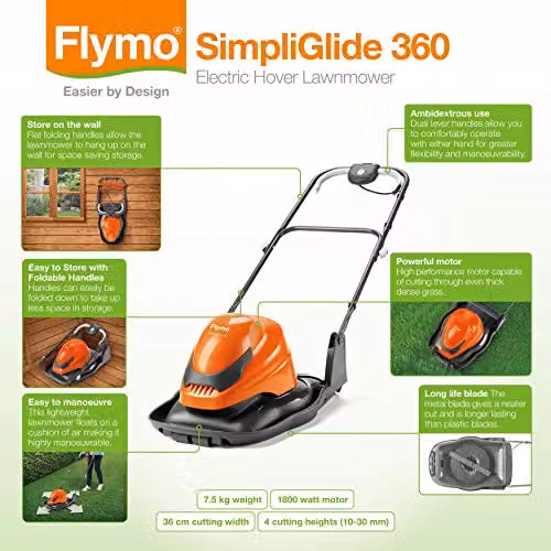 Flymo SimpliGlide 360 Hover Lawn Mower with 1800W Motor, 36cm Cutting Width, Orange and Grey – 6