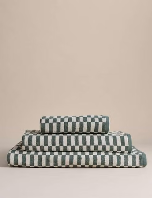 M&S Fluffy Pure Cotton Geometric Checked Towel in Smokey Green