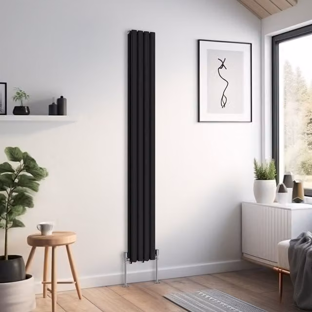 Right Radiators Oval Double Panel Vertical Radiator, Black, H: 180 cm, W: 23.6 cm, D: 23.6 cm