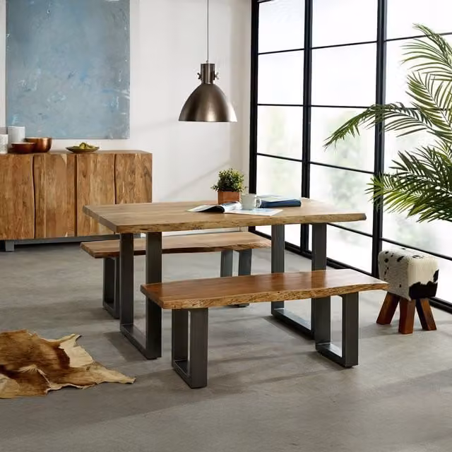 IH Design Industrial Acacia Wood Dining Set with Rectangular Live Edge Table and 2 Benches in Brown