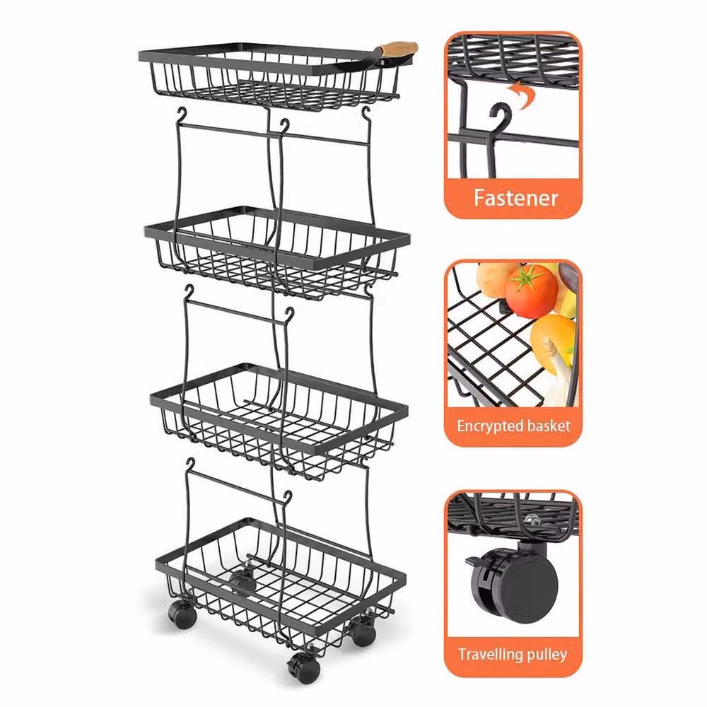 VOGREX Rolling Stackable Metal Wire Kitchen Storage Basket Rack in Black – 4