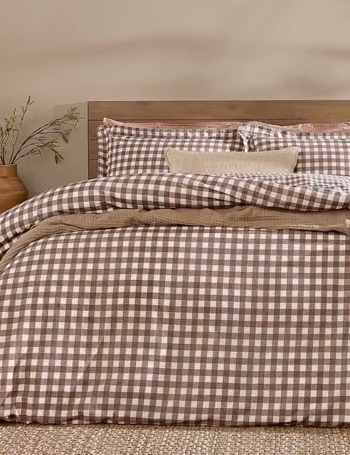 YARD Barton Gingham Checked Cotton Percale Bedding Set, Brown Mix, W: 180 cm, H: 200 cm