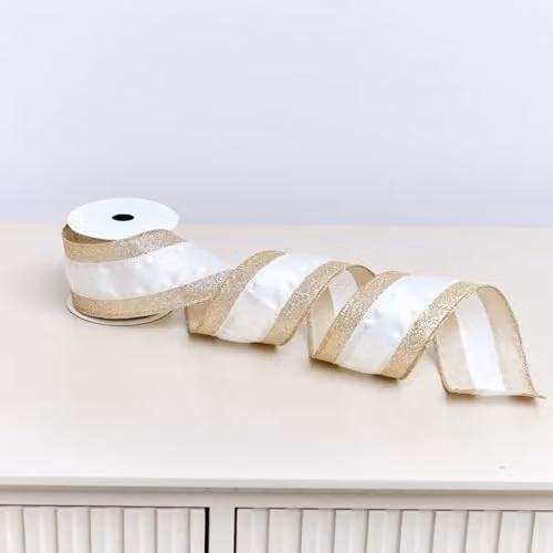 Melody Maison Large Gold, Ivory and Pink Iridescent Wired Ribbon Christmas Garland, 270 cm