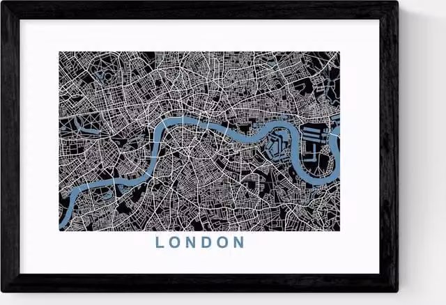 East End Prints London Map Negative Framed Art Print in Black