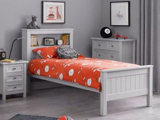 Julian Bowen Maine Grey Solid Wood Bed Frame with Side Compartments and Bedside Shelves, 90 x 190 cm