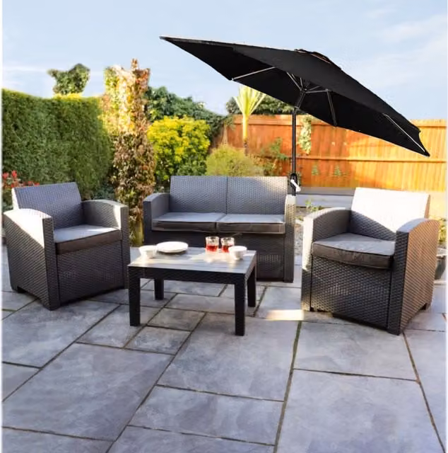 Groundlevel Black Outdoor Crank and Tilt Garden Parasol with Polyester Canopy, Diameter: 200 cm